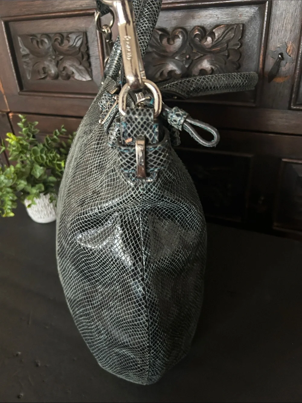 Beautiful Teal Green Snake-Embossed Leather Tote with Tag